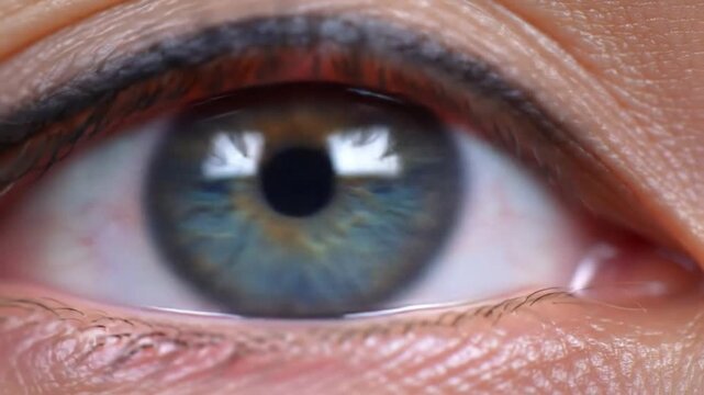 Macro photo of human eye with camera shutter reflection
