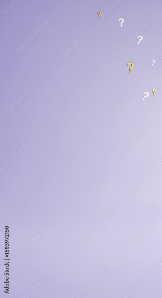 Poster Lilac background with gold and white question marks arranged in a semicircle, suggesting inquiry, uncertainty, or a need for answers, ideal for question-related concepts