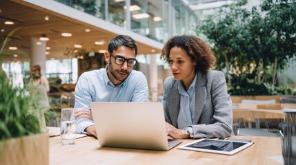 The professionals collaborating in a modern workspace with a laptop and tablet.