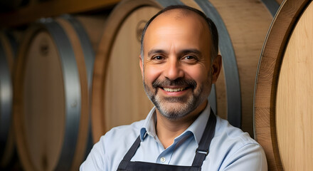 Portrait of a smiling man with an apron standing in front of stacked wooden wine barrels in a cellar