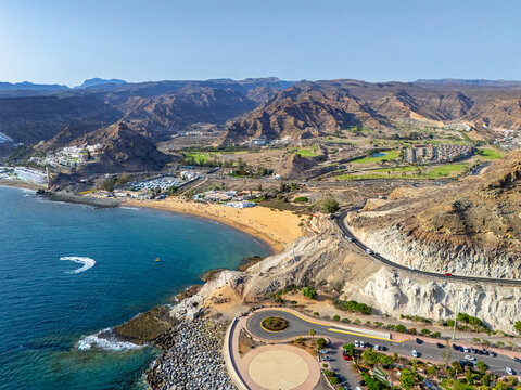 Hi Quality Aerial image of Playa De Tauro beach, Puerto Rico on the island of Gran Canaria, Canary Islands, Spain. 11th July 2025.	