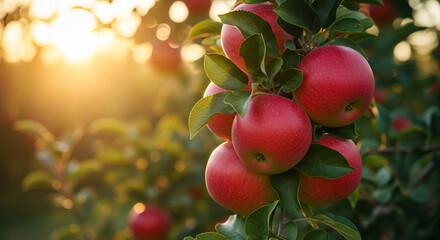 A branch of vibrant red apples in an orchard at sunset, capturing the pure essence of a fresh and healthy autumn harvest, perfect for organic food branding