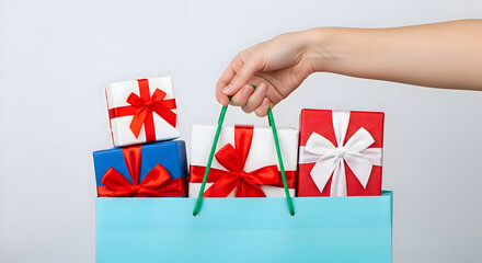 A hand holding a blue shopping bag filled with colorful gift boxes tied with ribbons against white background