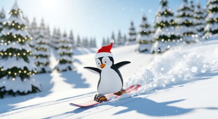 A happy cartoon penguin wearing a Santa hat is snowboarding down a snowy hill surrounded by evergreen trees.