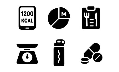 Icon set of nutrition and fitness elements including calories, diet planning, and exercise essentials