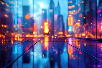 Obraz premium Cityscape reflecting on a wet surface, with bright colorful lights in the distance, creating a blurred, dreamy effect.