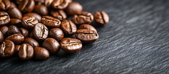 Close-up of coffee beans on smooth black slate surface