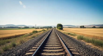 Railway tracks stretch into the distance through a rural landscape under a clear blue sky.