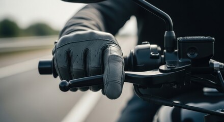 Close-up of a gloved hand gripping motorcycle handlebars, riding.