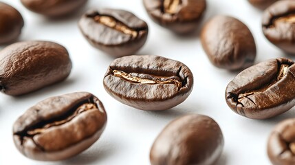 Coffee beans with visible cracks and textures on white backdrop