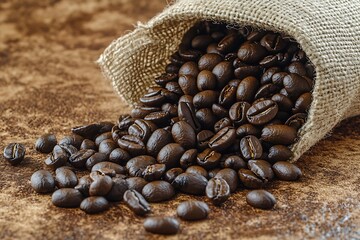 Coffee beans spilling from burlap bag onto textured brown ground