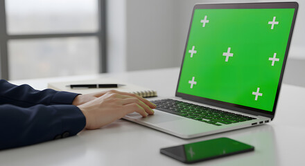 Green screen laptop with phone on desk and person using keyboard