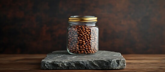 Fresh beans inside glass jar placed on stone surface