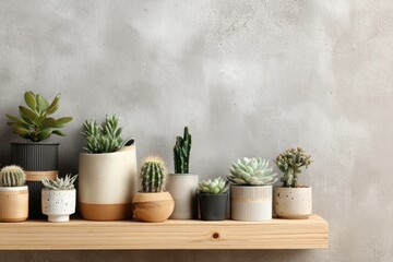 Home interior design room decor with mini potted plants cactus and succulent plants on wooden shelf on concrete wall loft style background