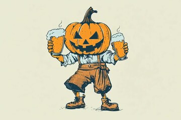 An octoberfest pumpkin wearing lederhosen with beer mugs dances and takes a swig of oktoberfest beer - vintage style cartoon. Jackolantern chugs beer from mug.