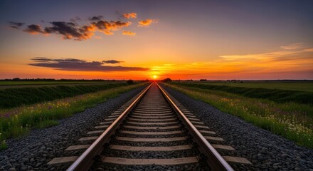 Railroad tracks stretching toward the horizon during a vibrant sunset over a field.