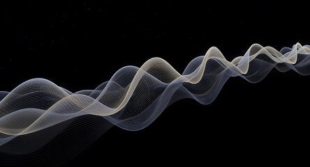 Abstract illustration of digital waveform composed of pixelated particles on a black backdrop. White and golden waves create a three-dimensional effect with subtle lighting.