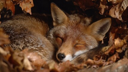 Fototapeta premium Two foxes asleep amidst autumn leaves