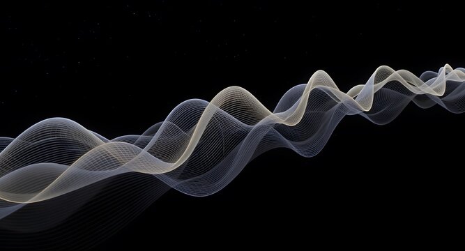 Abstract illustration of digital waveform composed of pixelated particles on a black backdrop. White and golden waves create a three-dimensional effect with subtle lighting.