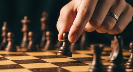 A hand carefully moves a black pawn across a chessboard during a game.