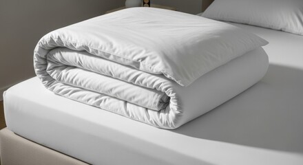 A neatly folded white duvet lies on a pristine white bed with a matching pillow.