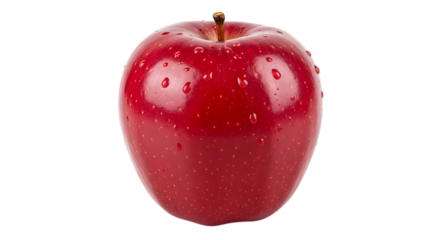 A Crisp and Glossy Red Delicious Apple with Water Droplets Highlighting its Deep Crimson Skin on isolated transparent background.