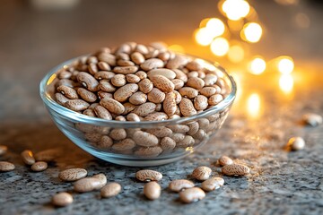 Scattered beans with dramatic lighting on granite table