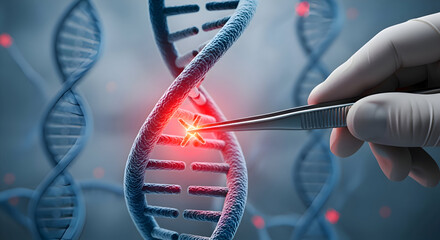 A gloved hand holding tweezers examining a damaged dna strand with red light highlighting the damage