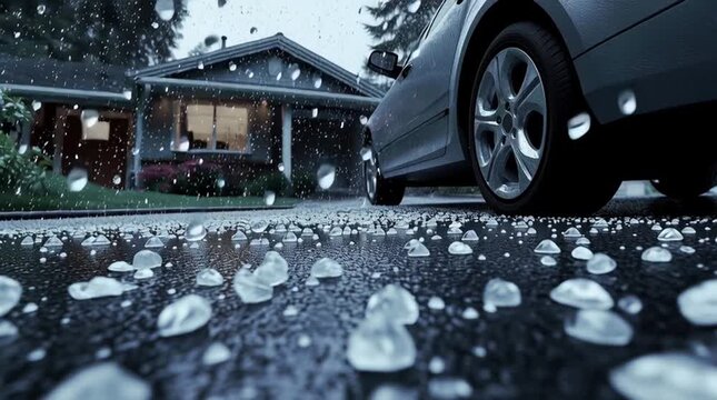 A car is pelted with hail in the driveway of a suburban home as it is parked in the driveway. A hailstorm, low angle, hail stones on the ground, hail damaged house and car, weather - low angle video
