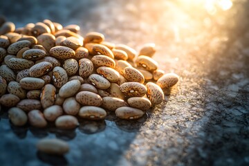 Scattered beans with dramatic lighting on granite table