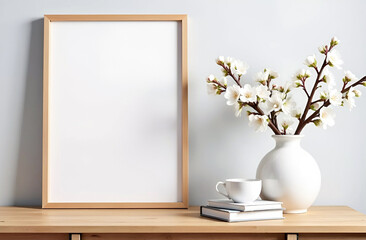 Minimal empty vertical and horisontal wooden picture frame mock up in white room interior with sun light and shadows