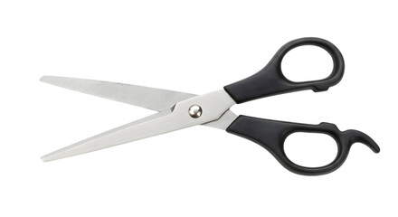 A Standard Pair of Office Scissors with Black Handles and Steel Blades Slightly Opened on isolated transparent background.
