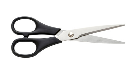 A Standard Pair of Office Scissors with Black Handles and Steel Blades Slightly Opened on isolated transparent background.