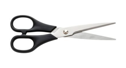 A Standard Pair of Office Scissors with Black Handles and Steel Blades Slightly Opened on isolated transparent background.