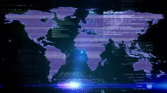 Blue light activating scanning beam, code streams animating over purple world map visualizing flow - Powered by Adobe