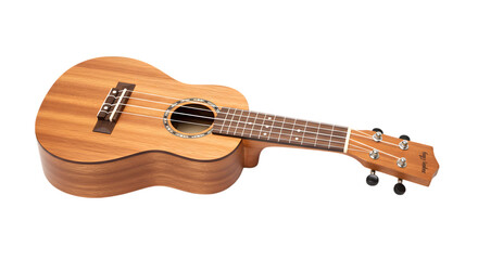 A Small Soprano Ukulele Crafted from Hawaiian Koa Wood for a Bright, Happy Sound on isolated transparent background.
