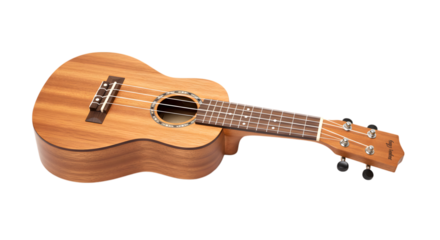 A Small Soprano Ukulele Crafted from Hawaiian Koa Wood for a Bright, Happy Sound on isolated transparent background.