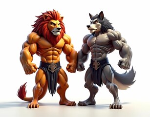 Illustration of a lion and a wolf bodybuilder face off. Isolated on a white background. AI generated