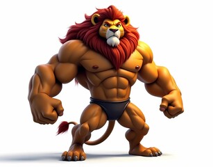 Illustration of a lion with a bodybuilder's body in a heroic pose isolated on a white background. Generate AI