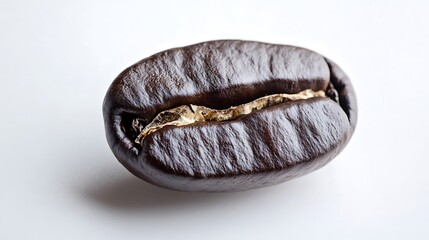 Single dark roasted coffee bean isolated on clean white surface