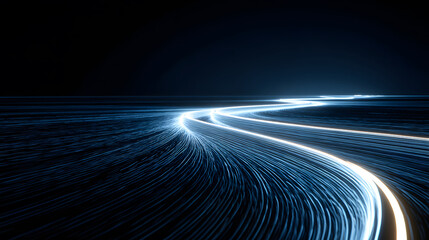 Winding luminous blue light trails on dark background