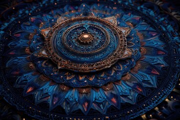 Fototapeta premium Detailed ornate mandala, deep blue and bronze