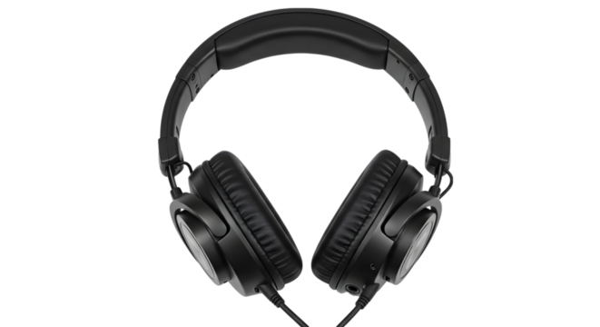 A Pair of Professional Black Over-Ear Studio Headphones for Music Production and Mixing on isolated transparent background.