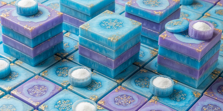 Stacked blue and purple square soaps with snowflake design and gold flecks, small bowls of white powder on top, showcasing luxury bath products and a winter theme