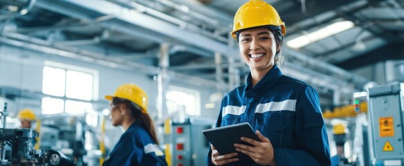 The female engineer confidently using a tablet in a modern industrial environment.