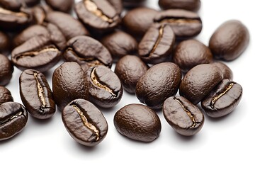 Ultra-detailed shot of glossy coffee beans on white background