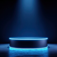 Stunning photo of background podium 3D light neon blue platform stage product abstract. Scene background 3D podium dark pedestal room glow studio empty stand floor night modern.