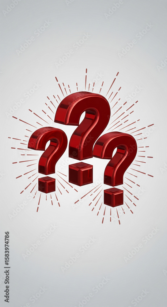 Fototapete Three red question marks, 3D rendered, with a sunburst effect, symbolize inquiry, questions, and problem-solving, ideal for FAQ pages or quizzes