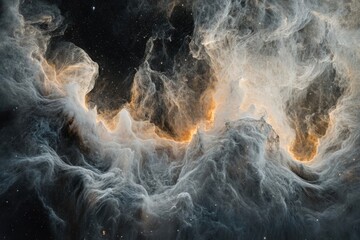 A stunning nebula with swirling clouds of gas and dust, illuminated by a soft orange glow, set against a backdrop of distant stars.