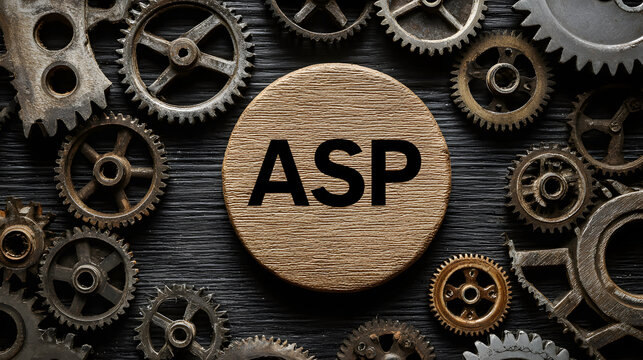 Wooden circle with A S P text surrounded by metal gears